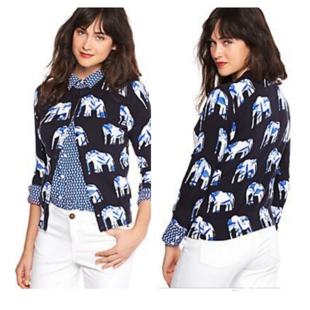 Crown & Ivy Elephant Cardigan Sweater Size XS Navy Blue White